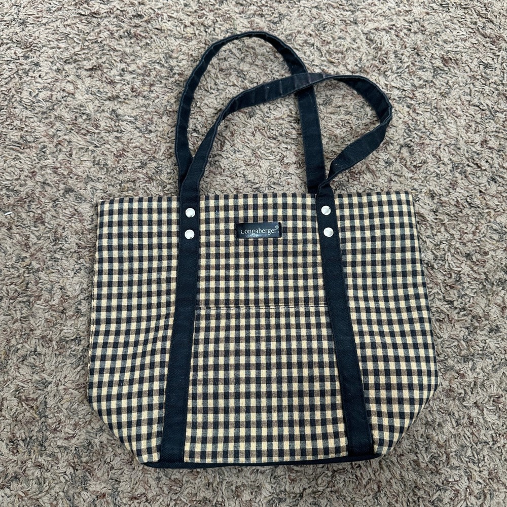 Longaberger Canvas Tote Bag Gingham Check Black Tan Farmhouse Shoulder Bag